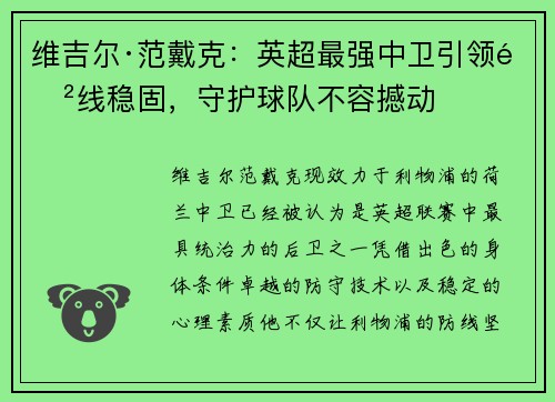 维吉尔·范戴克：英超最强中卫引领防线稳固，守护球队不容撼动